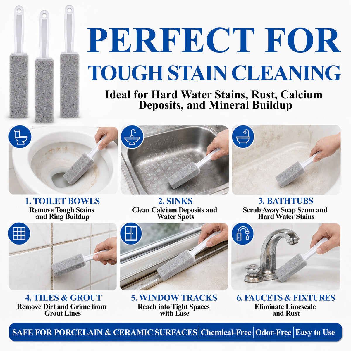 Agesis Pumice Stone Toilet Bowl Cleaner, 6 Pack Long Handle Pumice Stone with 3 Handle Stones & 3 Handheld Cleaning Blocks, Hard Water Ring Remover for Toilet, Tub & Sink