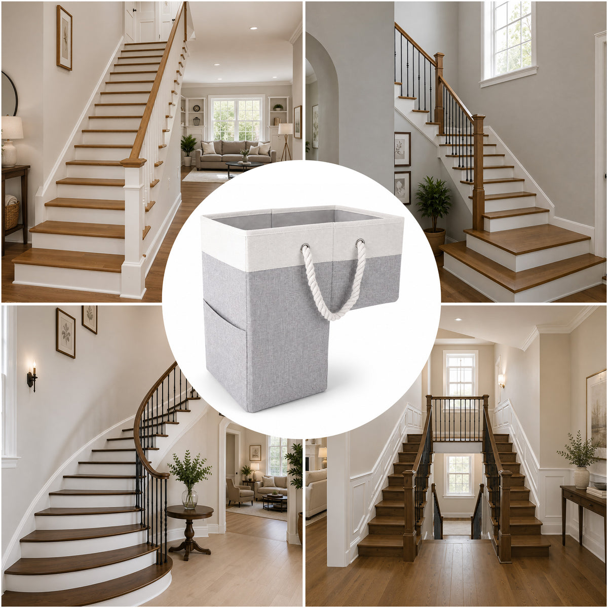 Agesis Stair Basket,Foldable Stair Storage Basket with Cotton Rope Handles 16" Step Staircase Basket for Wooden and Carpeted Stairs(Gray)