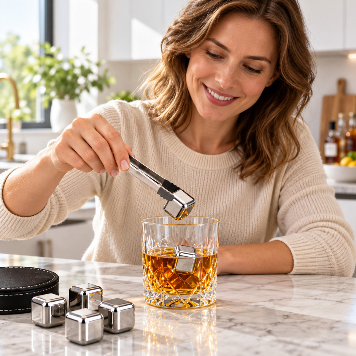 Agesis Whiskey Stones 12 Pack, Reusable Stainless Steel Ice Cubes with Storage Case & Tongs, Drink Chillers for Whiskey, Gift for Men, Dad & Boyfriend