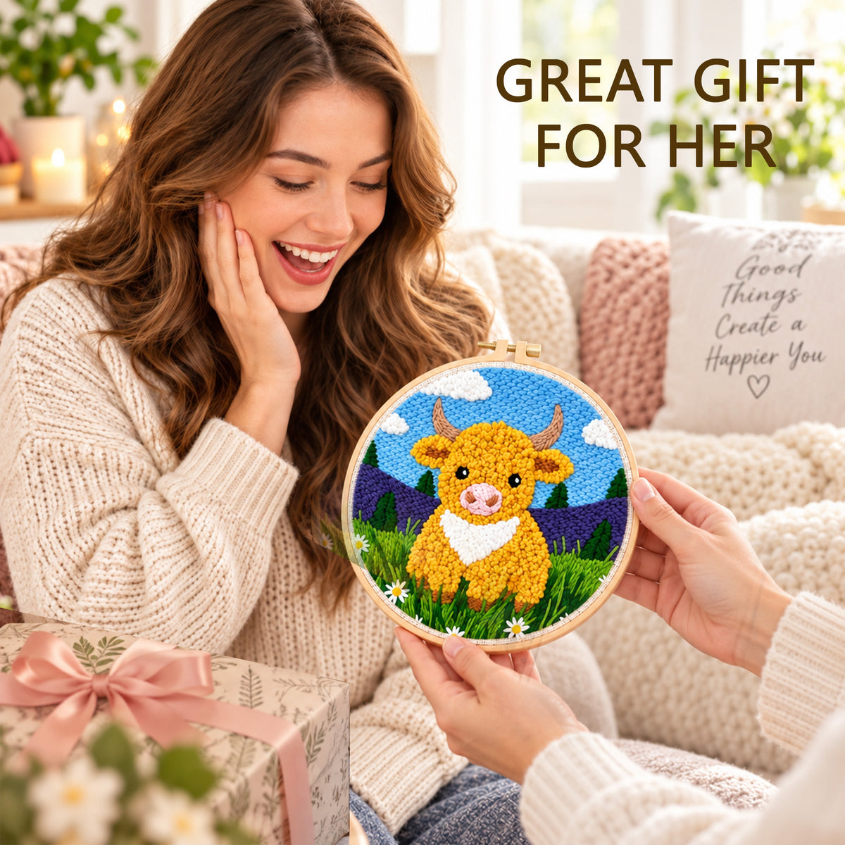 Agesis Punch Needle Kit, Diy Embroidery Craft Kit for Beginners & Adults, Highland Cow Design with Hoop, Pre-Printed Fabric, Farmhouse Decor Gift