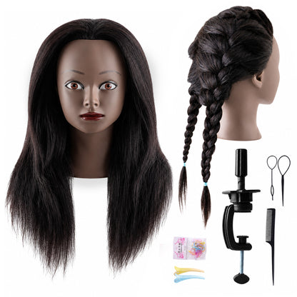Agesis 21" Mannequin Head with Real Hair, Cosmetology Hair Mannequin Training Head for Hair Styling, Braiding and Hairdressing Practice, Manikin Doll Head with Table Clamp Holder and Tools (Black)