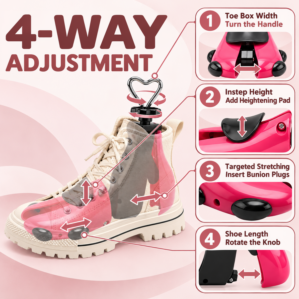 Agesis Shoe Stretcher Women, Boot Stretchers 4-Way Shoe Tree Adjustable Widener Expander Unisex Boots Stretcher Wide Feet (Small, Rose,2pcs)