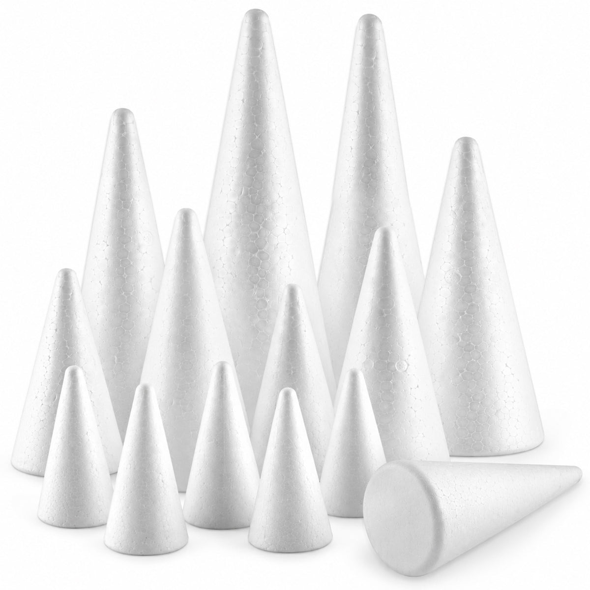 Agesis 14 pack Foam Cones for Crafts, 5 Size White Polystyrene Foam Tree Cones 9.8, 7.9, 5.6, 4.7, 3.1 inch Tall for Diy Art Projects, Christmas Trees, Gnomes, Holiday Decorations