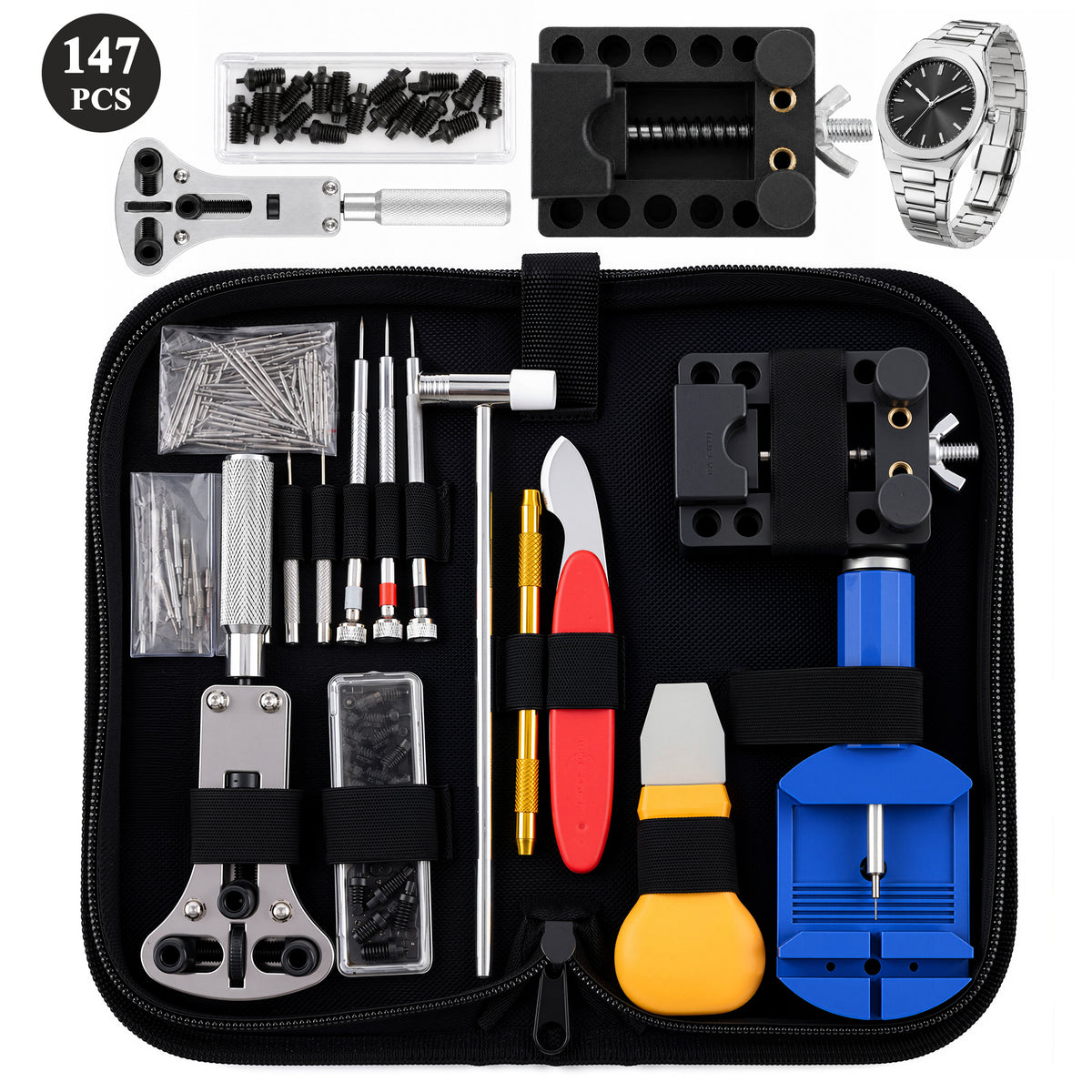 Agesis Watch Repair Kit, 147PCS Watch Link Removal Kit with Watch Band Adjustment Tool, Spring Bar Tool, Watch Case Opener for Battery Replacement and Strap Resizing