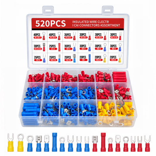 Agesis 520Pcs Wire Connectors Kit, 18 Types Insulated Electrical Wire Terminals, 0.5–6mm² (20–10 AWG) Ring Fork Spade Crimp Terminals, Automotive Wiring Connector Assortment