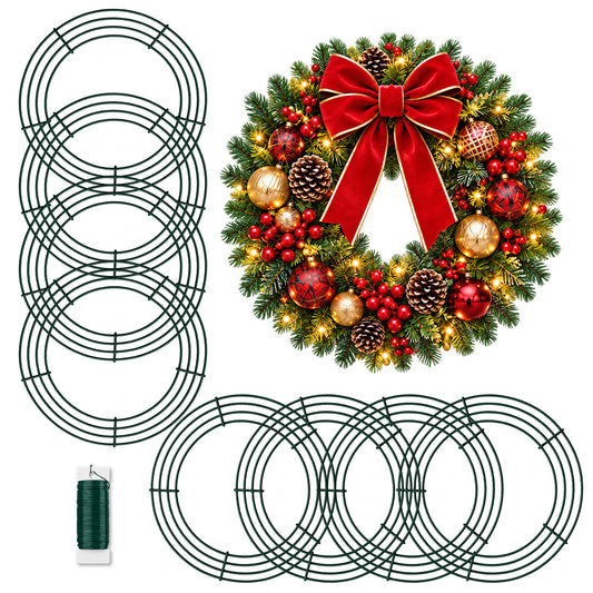 Agesis 8 Pcs 12” Wire Wreath Frame, Triple Ring Design Green Metal Forms with 35m Floral Wire Round Wreath Rings for Diy Crafts Christmas Wreath Making Supplies