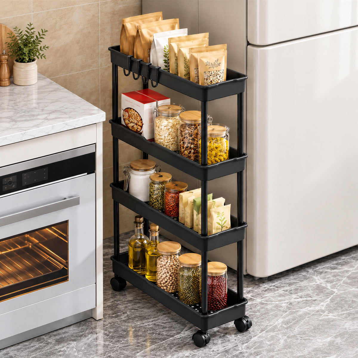 Agesis Slim Storage Cart with Wheels, 4 Tier Slim Rolling Storage Cart, Utility Bathroom Cart for Kitchen Bathroom Laundry Narrow Space, Black