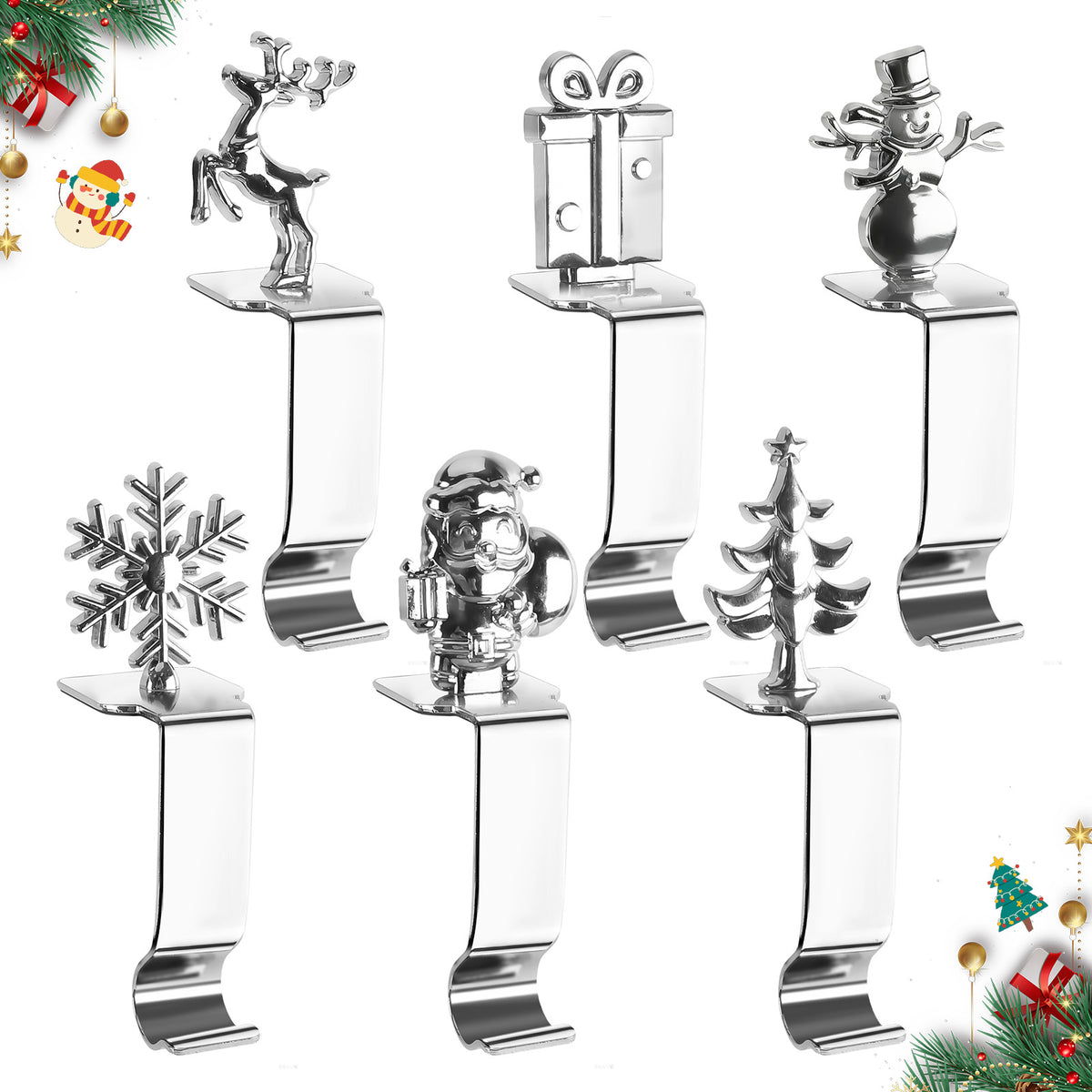 Agesis Christmas Stocking Holders for Mantle, Set of 6, Sturdy Metal Stocking Hangers for Mantel, Cute Lightweight Silver Xmas Mantle Hooks for Fireplace Window Counter