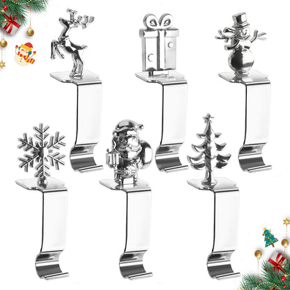 Agesis Christmas Stocking Holders for Mantle, Set of 6, Sturdy Metal Stocking Hangers for Mantel, Cute Lightweight Silver Xmas Mantle Hooks for Fireplace Window Counter