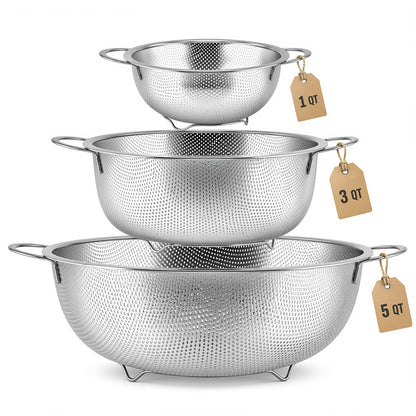 Agesis Stainless Steel Colander Set of 3, 1-3-5 Quart Micro-Perforated Metal Strainers with Handles for Pasta, Vegetables, Fruits and Rice