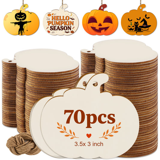 Agesis 70 Pack Wooden Pumpkin for Crafts, 3.5 x 3 inch Blank Pre-drilled Wood Pumpkins Cutouts for Painting, DIY Crafts, Fall Decor, Halloween and Thanksgiving Ornaments