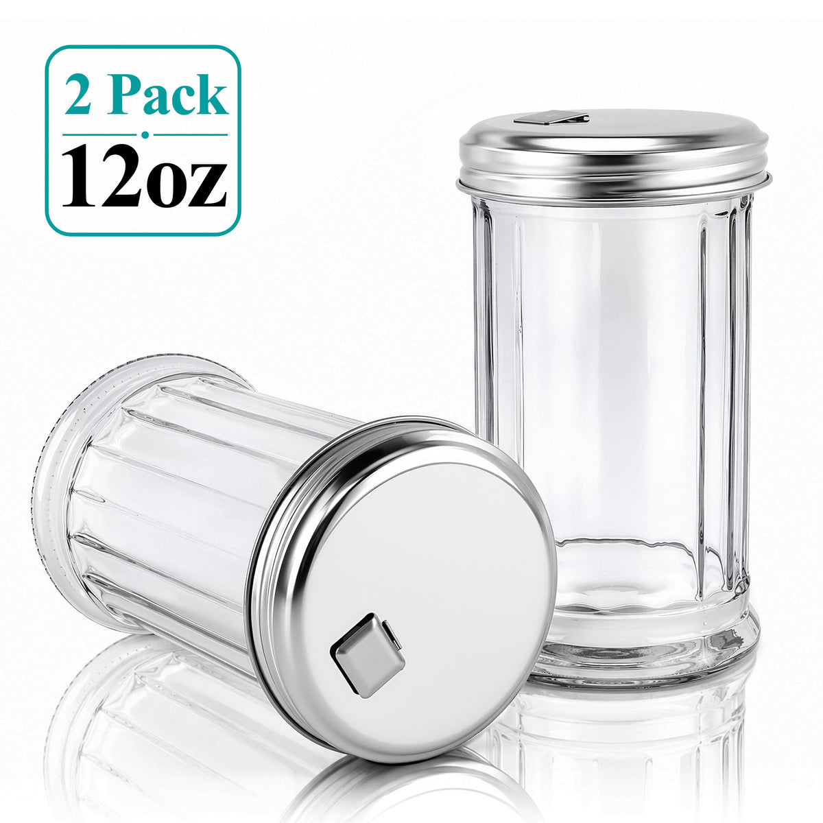 Agesis 2 Pack 12oz Glass Sugar Dispenser, Pourer and Shaker with Flip Top Lid, Clear Container for Coffee Bar, Cinnamon, Salt and Spices