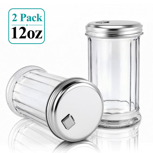 Agesis 2 Pack 12oz Glass Sugar Dispenser, Pourer and Shaker with Flip Top Lid, Clear Container for Coffee Bar, Cinnamon, Salt and Spices