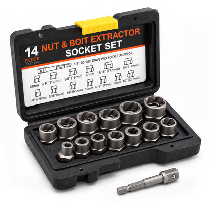 Agesis Bolt Extractor Kit, 14-Piece Bolt Remover Set with 3/8" Adapter and Storage Case, Easily Removes Damaged, Broken & Rounded Bolts and Nuts