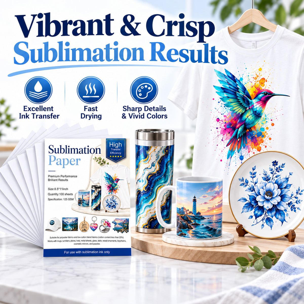 Agesis Sublimation Paper 8.5 x 11 inch, 100 Sheets 125gsm sublimation transfer paper for T-Shirts, Tumblers and Mugs, Compatible with Sublimation Ink and Inkjet Printers