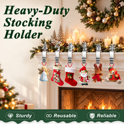 Agesis Christmas Stocking Holders for Mantle, Set of 6, Sturdy Metal Stocking Hangers for Mantel, Cute Lightweight Silver Xmas Mantle Hooks for Fireplace Window Counter