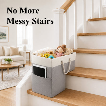 Agesis Stair Basket,Foldable Stair Storage Basket with Cotton Rope Handles 16" Step Staircase Basket for Wooden and Carpeted Stairs(Gray)