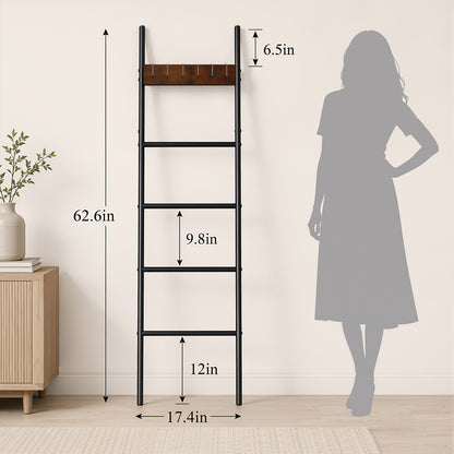Agesis Blanket Ladder with 4 Removable Hooks,5-Tier Blanket Rack Decorative Stand Towel Quilt Rack Holder for Bathroom Living Room Decor Black