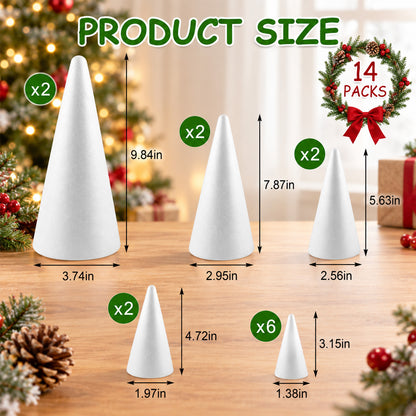 Agesis 14 pack Foam Cones for Crafts, 5 Size White Polystyrene Foam Tree Cones 9.8, 7.9, 5.6, 4.7, 3.1 inch Tall for Diy Art Projects, Christmas Trees, Gnomes, Holiday Decorations