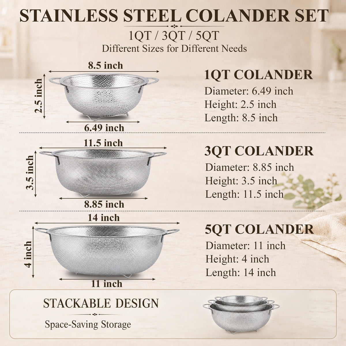 Agesis Stainless Steel Colander Set of 3, 1-3-5 Quart Micro-Perforated Metal Strainers with Handles for Pasta, Vegetables, Fruits and Rice