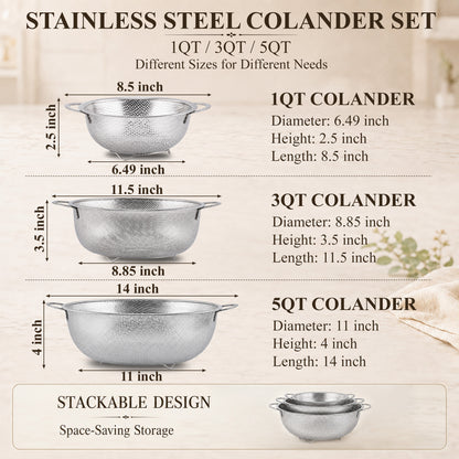Agesis Stainless Steel Colander Set of 3, 1-3-5 Quart Micro-Perforated Metal Strainers with Handles for Pasta, Vegetables, Fruits and Rice
