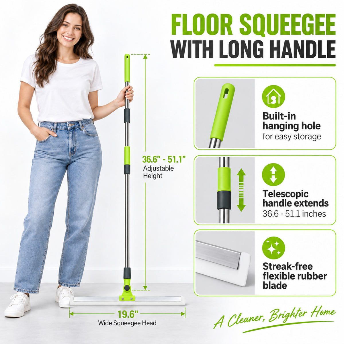 Agesis Floor Squeegee for Concrete Floor, 19.68" Large Heavy Duty Squeegee Broom with 51" Extendable Long Handle for Garage, Windows, Tile, Shower Glass