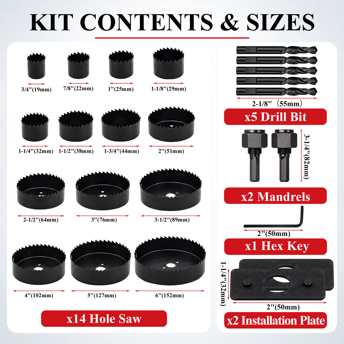 Agesis Hole Saw Kit, 24 PCS Hole Saw Set with 14 Saw Blades 3/4"-6" (19-152mm), Mandrels and Drill Bits for Drywall, Soft Wood, Plywood, PVC and Plastic