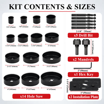 Agesis Hole Saw Kit, 24 PCS Hole Saw Set with 14 Saw Blades 3/4"-6" (19-152mm), Mandrels and Drill Bits for Drywall, Soft Wood, Plywood, PVC and Plastic