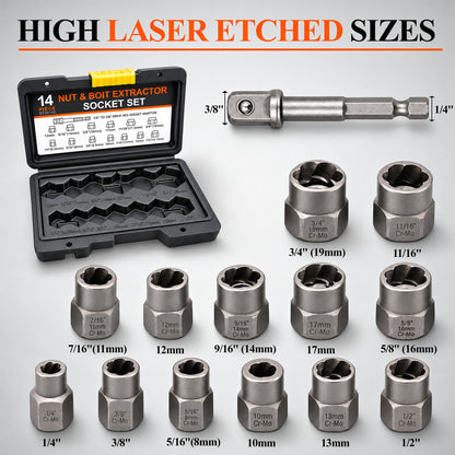 Agesis Bolt Extractor Kit, 14-Piece Bolt Remover Set with 3/8" Adapter and Storage Case, Easily Removes Damaged, Broken & Rounded Bolts and Nuts