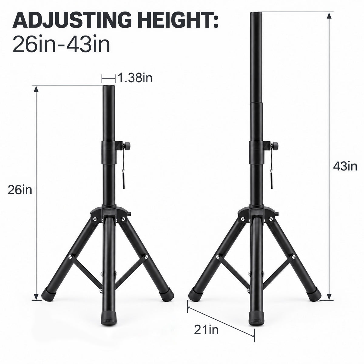 Agesis Speaker Stands 2 Pack, Height Adjustable 26–43 Inch Tripod Speaker Stand, 35mm Universal Mount with Safety Pin & Knob Lock for DJ, PA, Studio, Home
