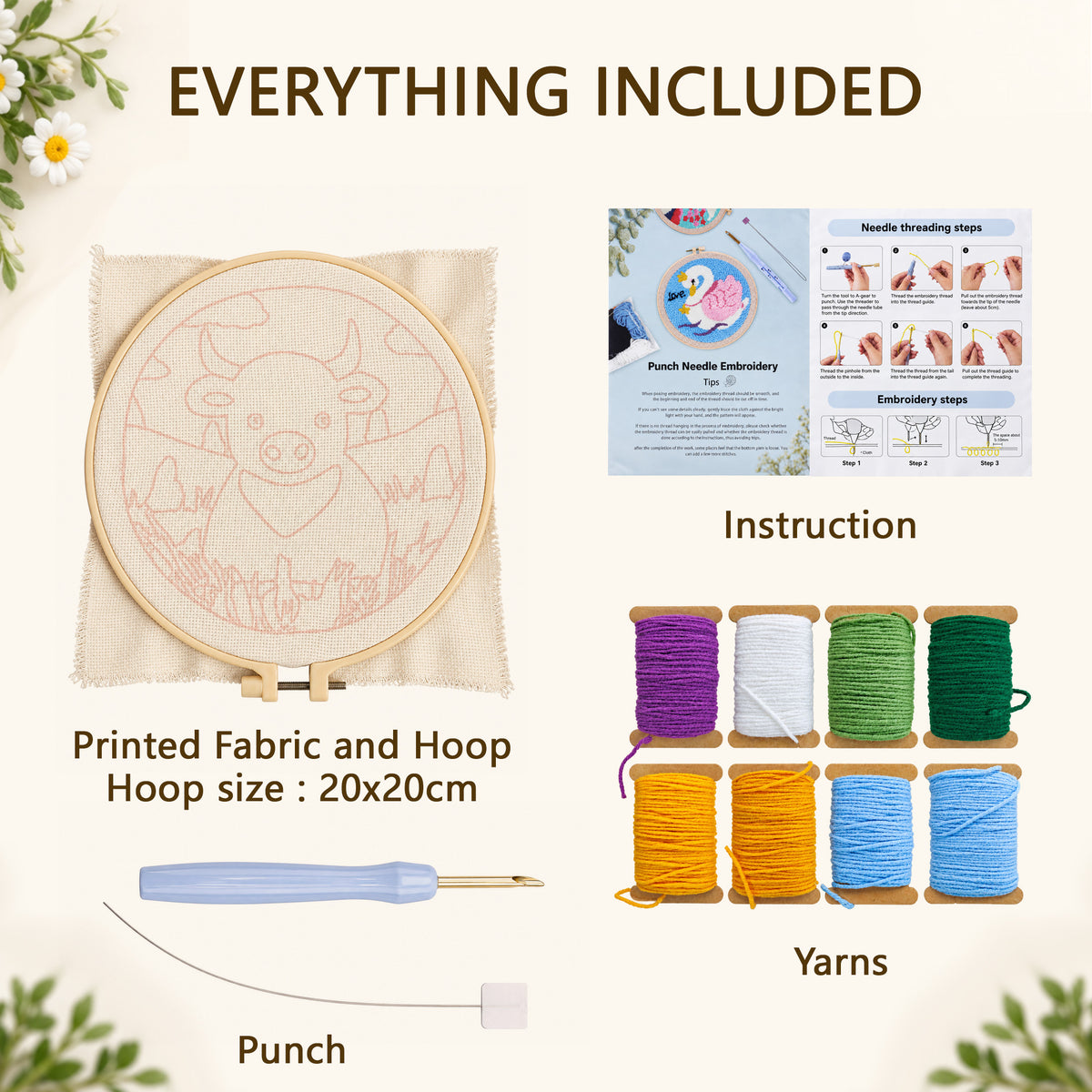 Agesis Punch Needle Kit, Diy Embroidery Craft Kit for Beginners & Adults, Highland Cow Design with Hoop, Pre-Printed Fabric, Farmhouse Decor Gift
