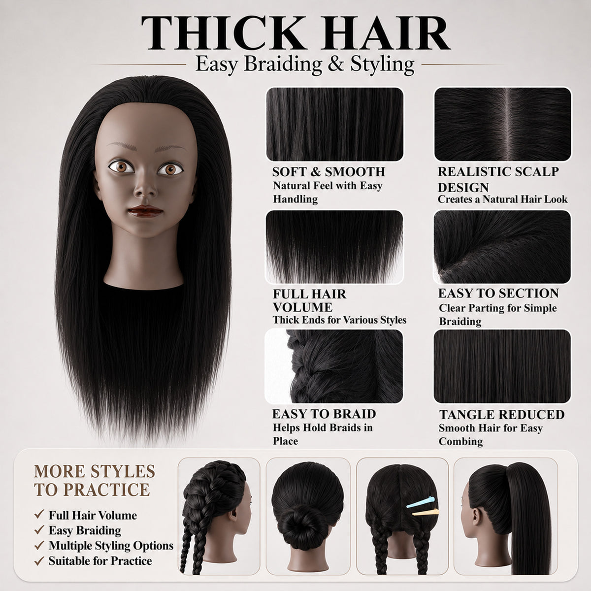 Agesis 21" Mannequin Head with Real Hair, Cosmetology Hair Mannequin Training Head for Hair Styling, Braiding and Hairdressing Practice, Manikin Doll Head with Table Clamp Holder and Tools (Black)