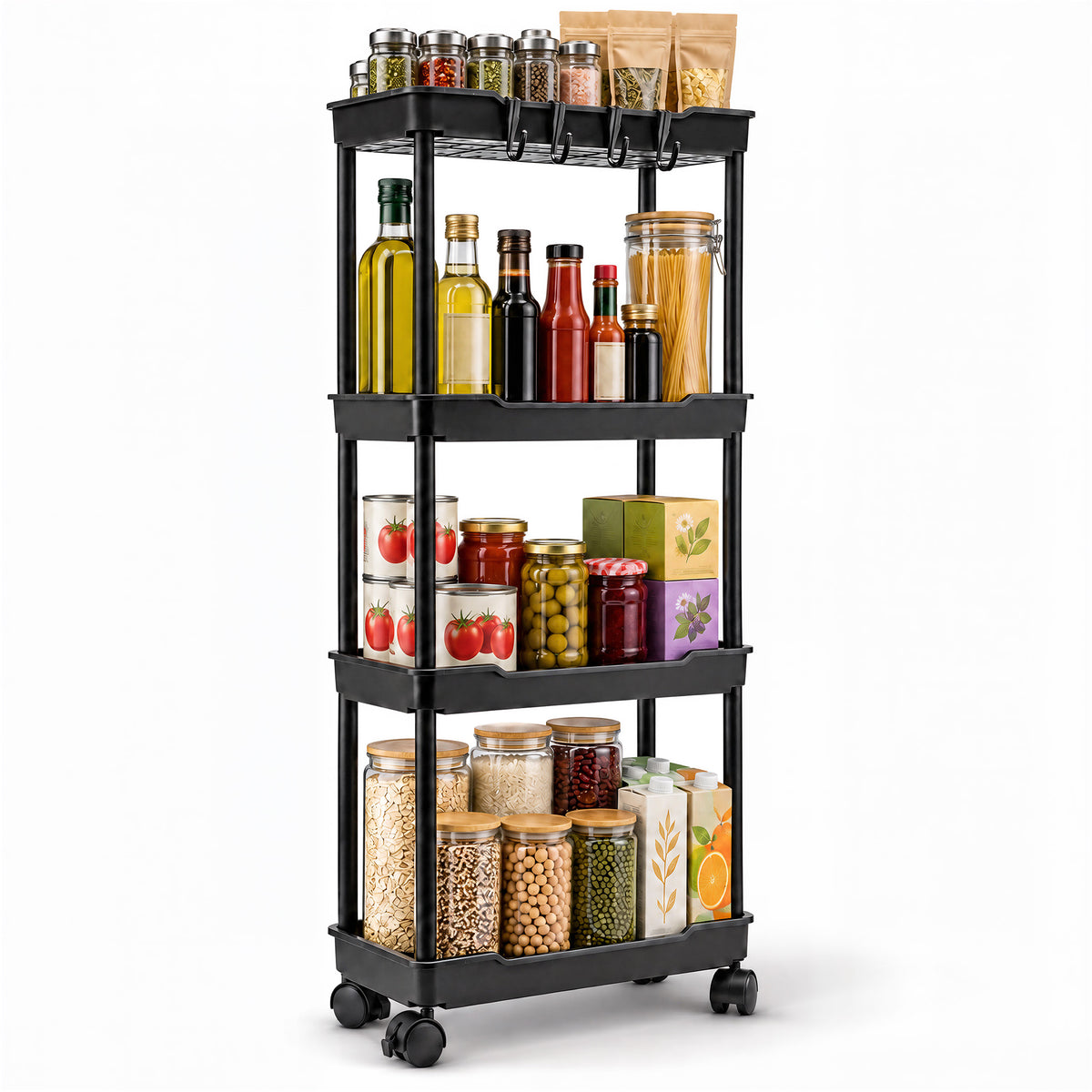 Agesis Slim Storage Cart with Wheels, 4 Tier Slim Rolling Storage Cart, Utility Bathroom Cart for Kitchen Bathroom Laundry Narrow Space, Black