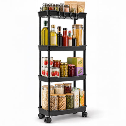 Agesis Slim Storage Cart with Wheels, 4 Tier Slim Rolling Storage Cart, Utility Bathroom Cart for Kitchen Bathroom Laundry Narrow Space, Black