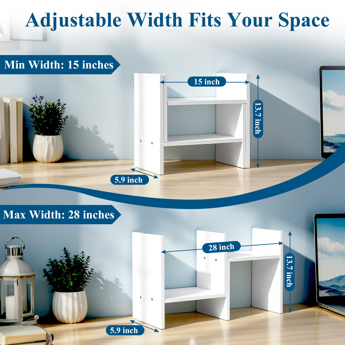 Agesis Desktop Shelf Organizer, Adjustable Wood 2-Tier Storage Rack with Bookshelf Design for Home Office, Study and Workspace, White