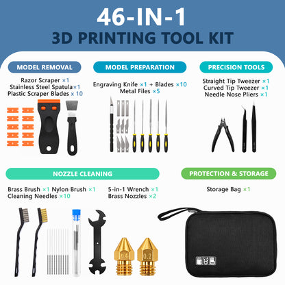 Agesis 3D Printer Tools Kit, 46PCS 3D Printer Accessories for FDM SLA Machines, Nozzle Cleaning Needles, Scraper, Deburring Tool, Files & Brushes