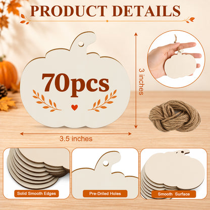Agesis 70 Pack Wooden Pumpkin for Crafts, 3.5 x 3 inch Blank Pre-drilled Wood Pumpkins Cutouts for Painting, DIY Crafts, Fall Decor, Halloween and Thanksgiving Ornaments