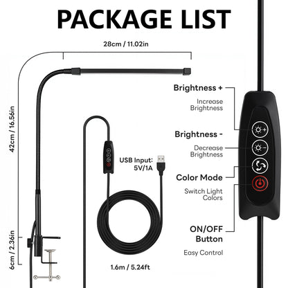 Agesis LED Desk Lamp with Clamp, Eye-Caring Desk Light, 3 Color Modes & 10 Brightness Levels, 360° Flexible Gooseneck for Home Office, Study, Reading