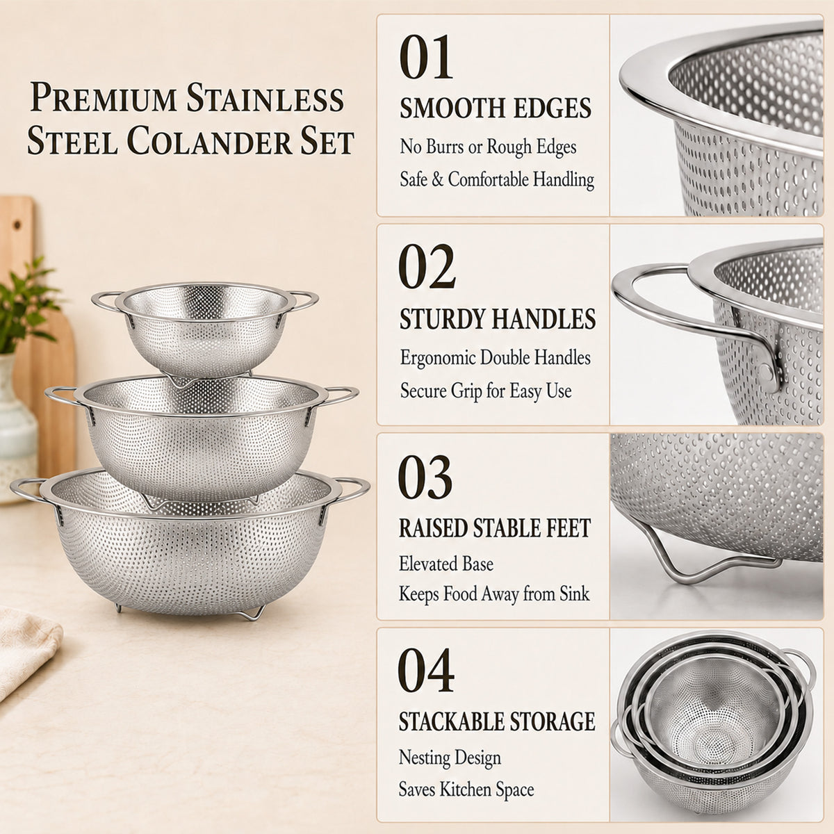 Agesis Stainless Steel Colander Set of 3, 1-3-5 Quart Micro-Perforated Metal Strainers with Handles for Pasta, Vegetables, Fruits and Rice