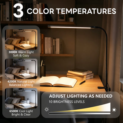 Agesis LED Desk Lamp with Clamp, Eye-Caring Desk Light, 3 Color Modes & 10 Brightness Levels, 360° Flexible Gooseneck for Home Office, Study, Reading