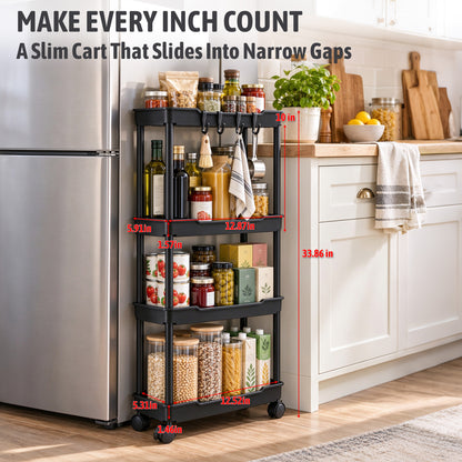 Agesis Slim Storage Cart with Wheels, 4 Tier Slim Rolling Storage Cart, Utility Bathroom Cart for Kitchen Bathroom Laundry Narrow Space, Black
