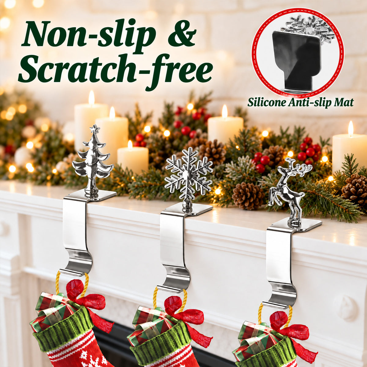 Agesis Christmas Stocking Holders for Mantle, Set of 6, Sturdy Metal Stocking Hangers for Mantel, Cute Lightweight Silver Xmas Mantle Hooks for Fireplace Window Counter