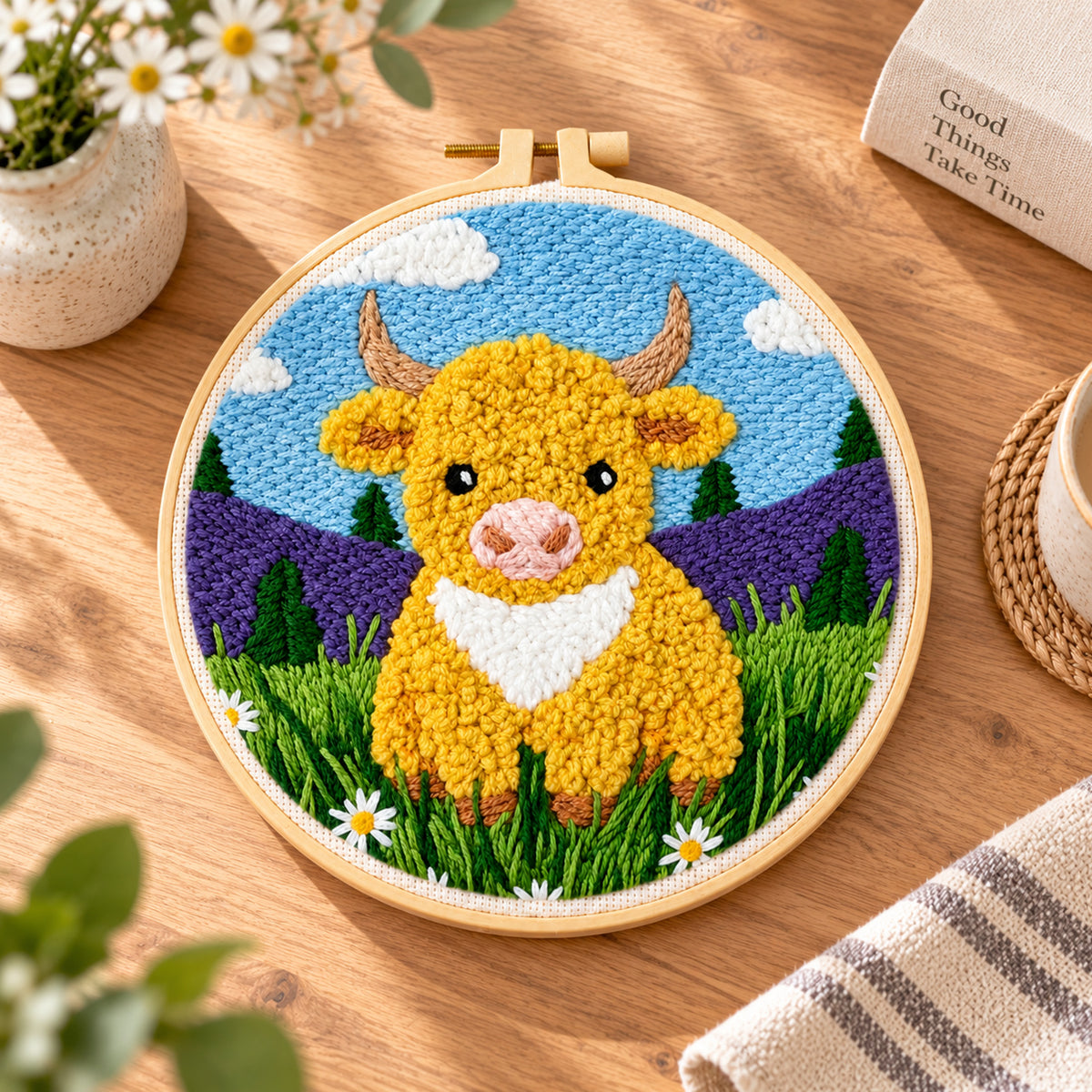 Agesis Punch Needle Kit, Diy Embroidery Craft Kit for Beginners & Adults, Highland Cow Design with Hoop, Pre-Printed Fabric, Farmhouse Decor Gift