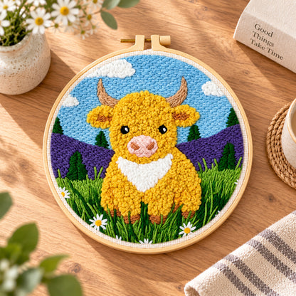Agesis Punch Needle Kit, Diy Embroidery Craft Kit for Beginners & Adults, Highland Cow Design with Hoop, Pre-Printed Fabric, Farmhouse Decor Gift