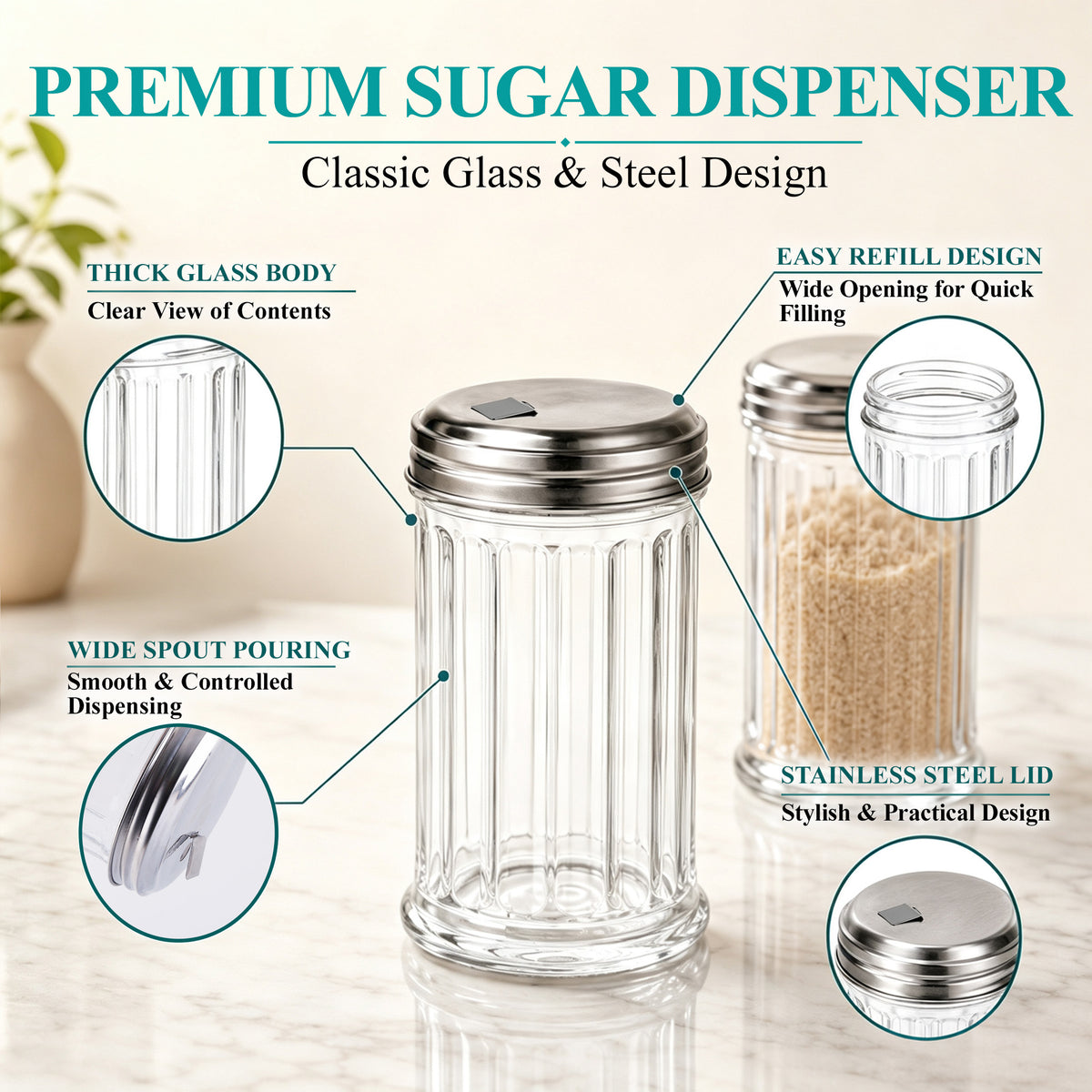 Agesis 2 Pack 12oz Glass Sugar Dispenser, Pourer and Shaker with Flip Top Lid, Clear Container for Coffee Bar, Cinnamon, Salt and Spices
