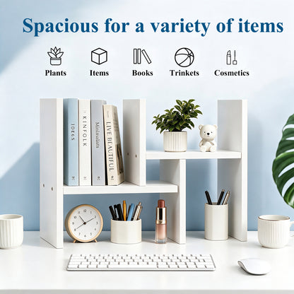 Agesis Desktop Shelf Organizer, Adjustable Wood 2-Tier Storage Rack with Bookshelf Design for Home Office, Study and Workspace, White