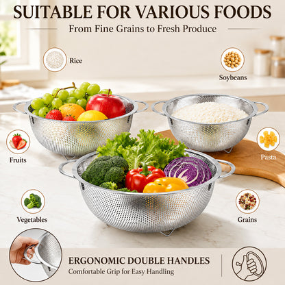 Agesis Stainless Steel Colander Set of 3, 1-3-5 Quart Micro-Perforated Metal Strainers with Handles for Pasta, Vegetables, Fruits and Rice