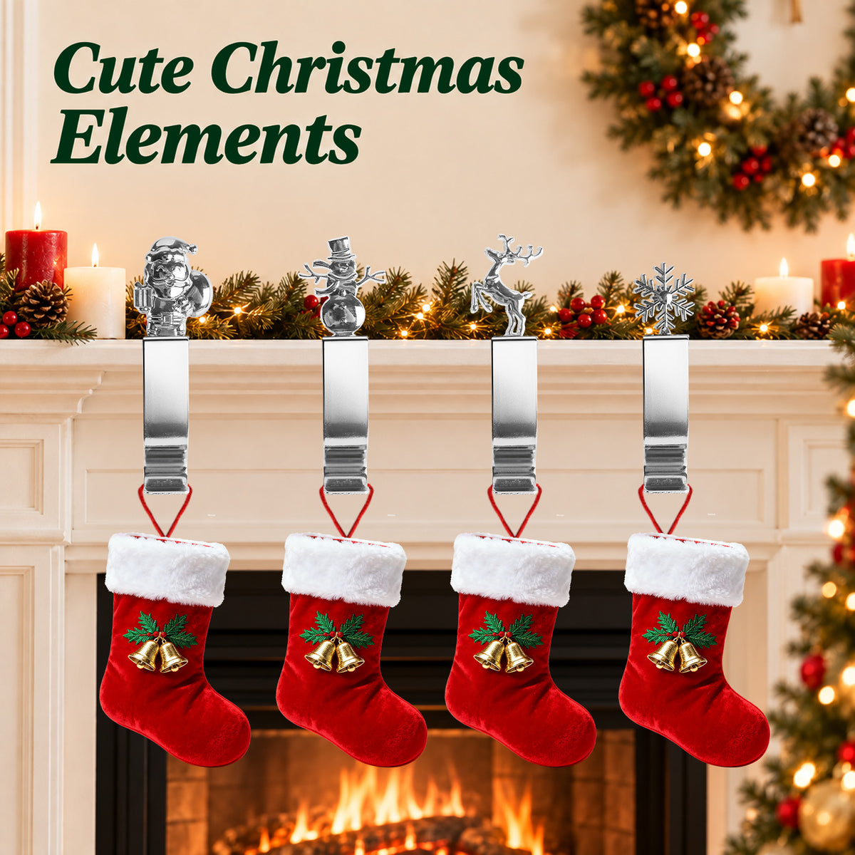 Agesis Christmas Stocking Holders for Mantle, Set of 6, Sturdy Metal Stocking Hangers for Mantel, Cute Lightweight Silver Xmas Mantle Hooks for Fireplace Window Counter