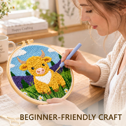 Agesis Punch Needle Kit, Diy Embroidery Craft Kit for Beginners & Adults, Highland Cow Design with Hoop, Pre-Printed Fabric, Farmhouse Decor Gift