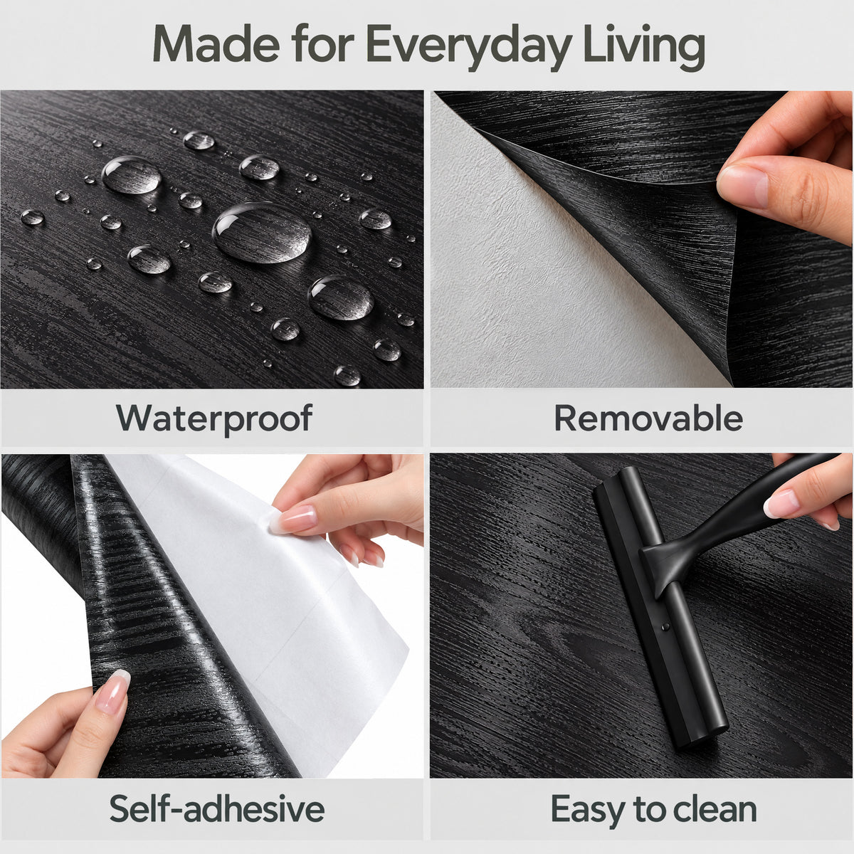 Agesis Black Wood Peel and Stick Wallpaper, Black Contact Paper 17.7" x 236", Waterproof Self-Adhesive Removable Thick Vinyl Wrap, Renter Friendly Wallpaper for Bathroom Kitchen Cabinets